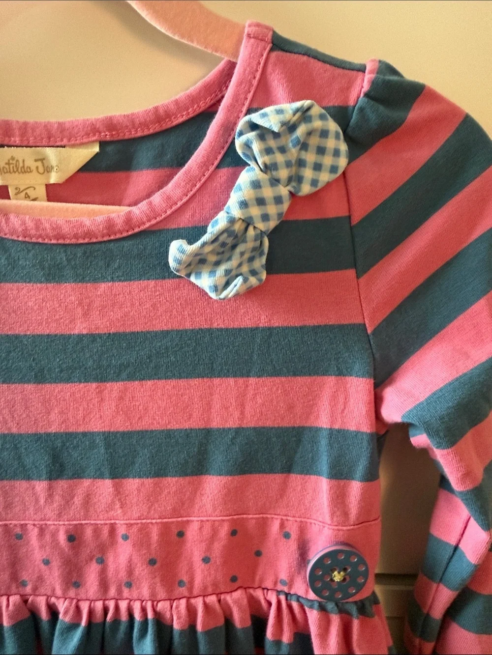 Matilda Jane Pink & Navy Striped Long-Sleeve Dress with Removable Yellow Apron